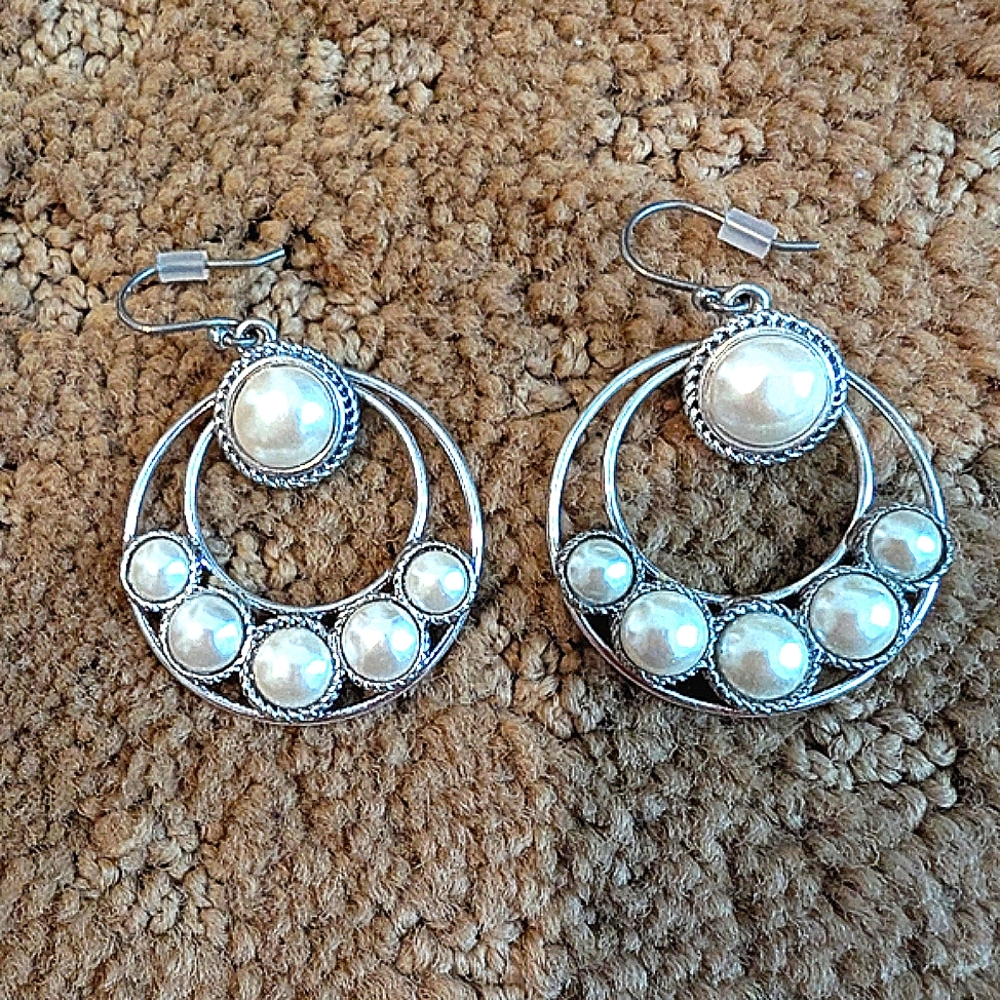 Silver Tone And Faux Pearl Hoop Earrings